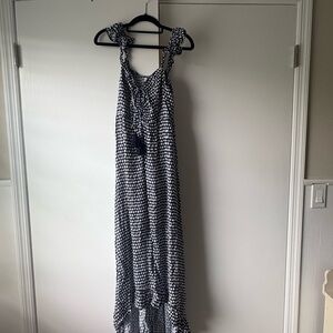 Blue and White Halter Tie Front Maxi Dress